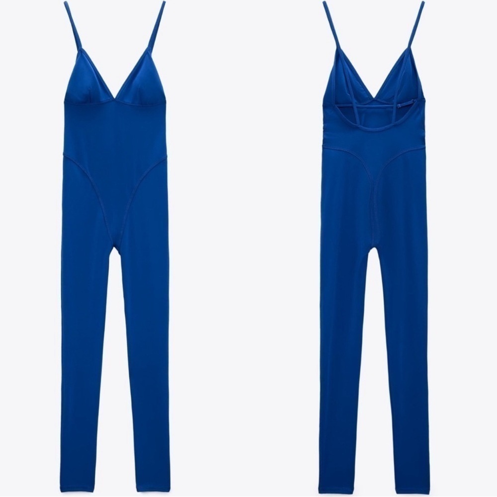 Zara Royal cobalt blue spaghetti strap V-neck long jumpsuit bodysuit Sz M NWOT